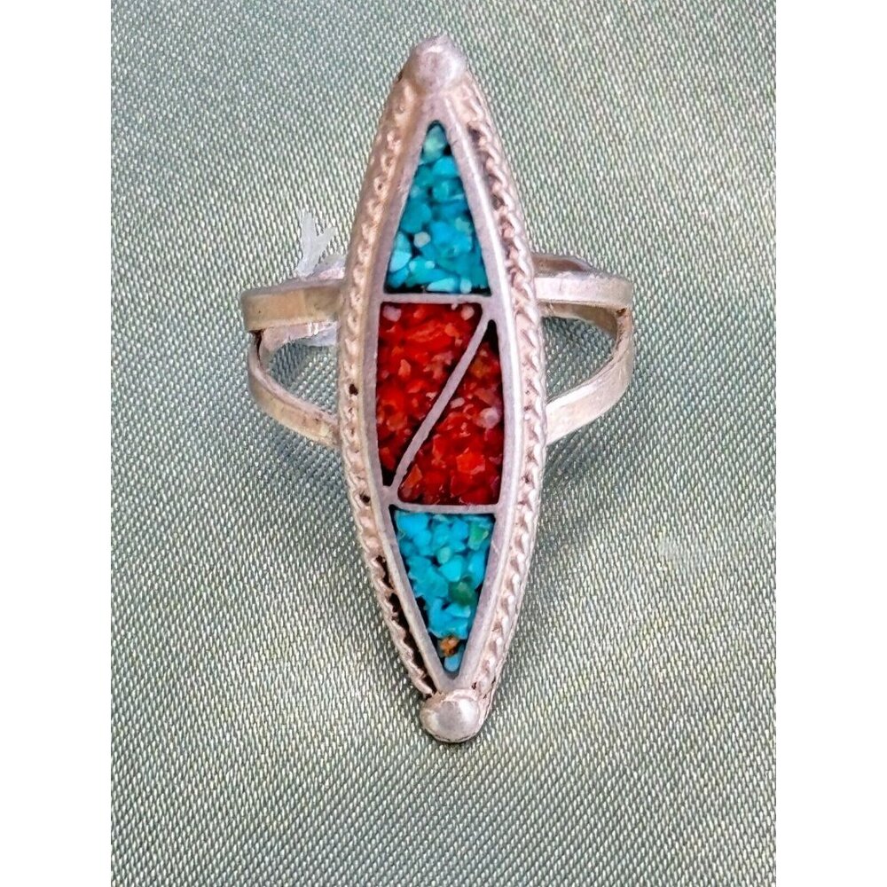 Navajo Native American Genuine Turquoise Coral Mosaic Inlay Sterling Ring sz 5.5 - Picture 3 of 10